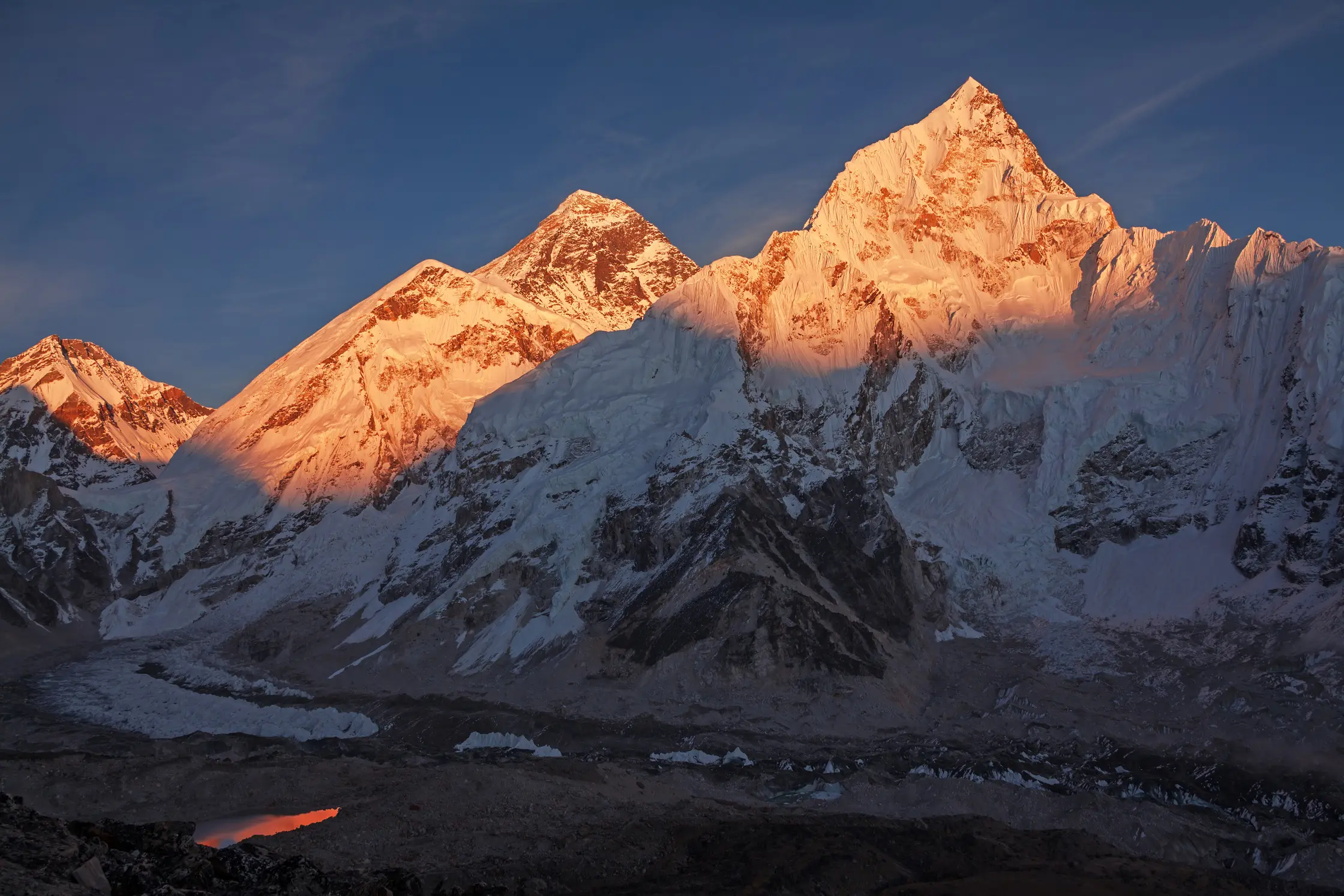 Everest, Lhotse and Nuptse at sunset